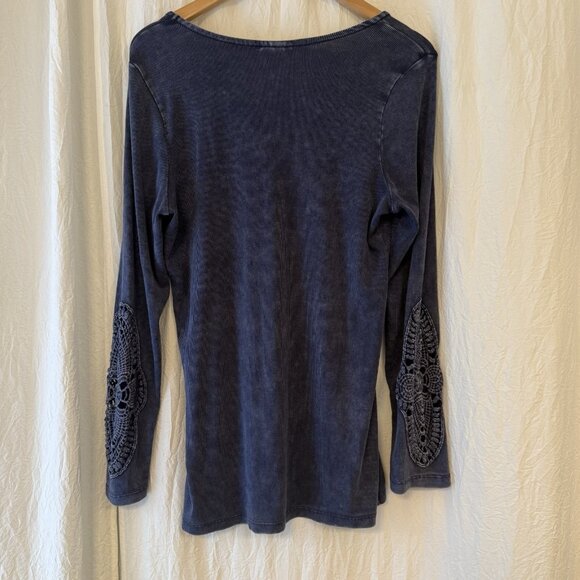 Torrid Cotton Modal Top Sz 2 Rib Scoop Neck Crochet Long Sleeve Indigo Blue Boho - Picture 3 of 7